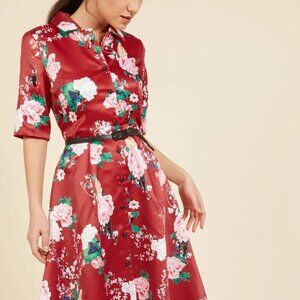 Viola M., Floral Red Button-up Dress, Satin Retro Style